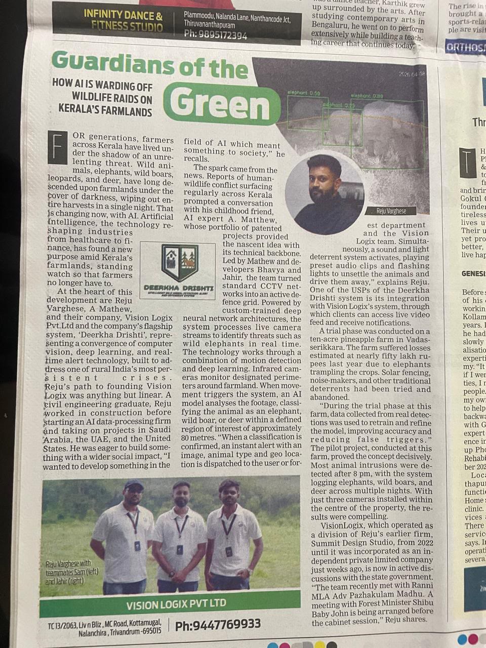 Newspaper feature headlined Guardians of the Green, on how AI is warding off wildlife raids on Kerala's farmlands.